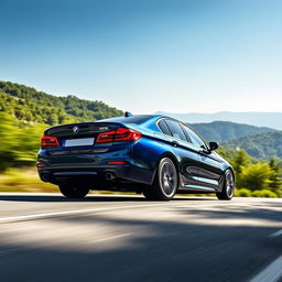 A sleek BMW 5 Series car viewed from the right rear side, showing dynamic motion as it ascends a winding road