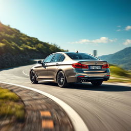 A sleek BMW 5 Series car viewed from the right rear side, showing dynamic motion as it ascends a winding road