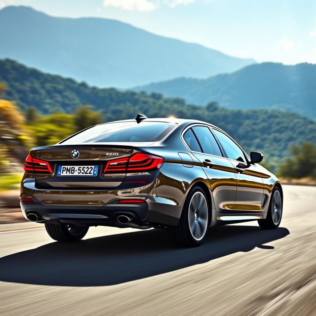 A sleek BMW 5 Series car viewed from the right rear side, showing dynamic motion as it ascends a winding road