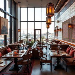 A large cafe-restaurant in Iran beautifully inspired by the atmosphere of Istanbul, featuring two distinct salons: one modern and one traditional
