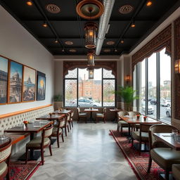 A large cafe-restaurant in Iran beautifully inspired by the atmosphere of Istanbul, featuring two distinct salons: one modern and one traditional