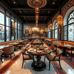 A large cafe-restaurant in Iran beautifully inspired by the atmosphere of Istanbul, featuring two distinct salons: one modern and one traditional