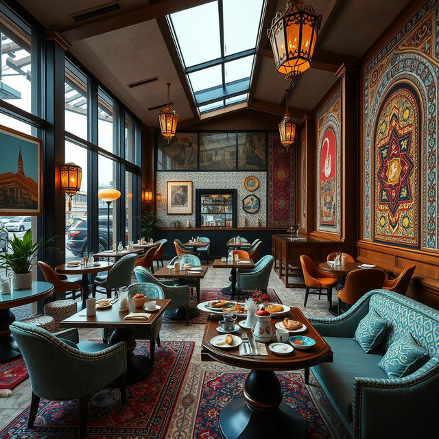 A large cafe-restaurant in Iran beautifully inspired by the atmosphere of Istanbul, featuring two distinct salons: one modern and one traditional