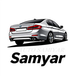 A logo design for Auto Samyar car dealership featuring a stylized representation of a BMW 5 Series car viewed from the right rear side as it ascends a winding road
