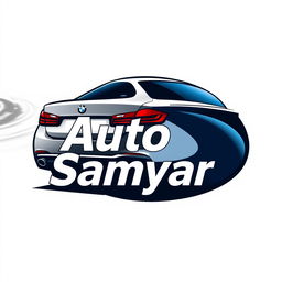 A logo design for Auto Samyar car dealership featuring a stylized representation of a BMW 5 Series car viewed from the right rear side as it ascends a winding road
