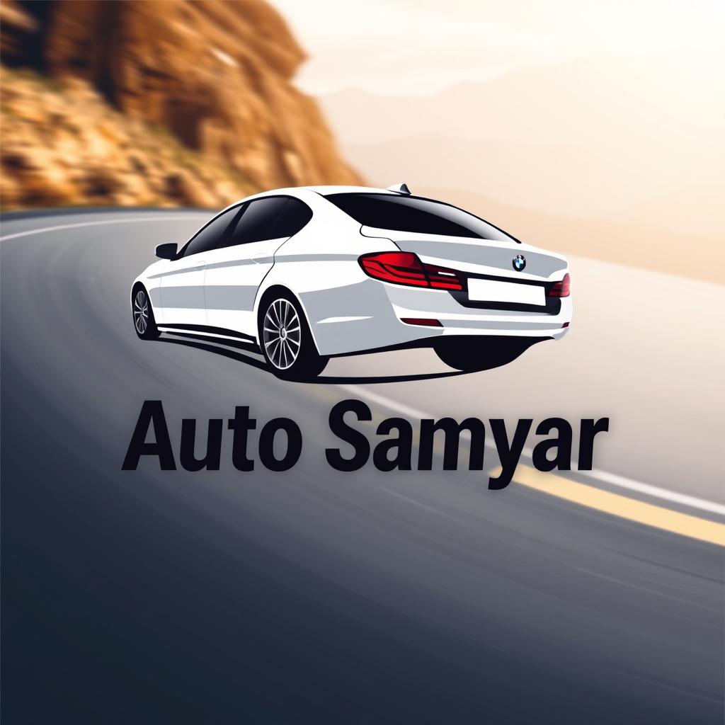 A logo design for Auto Samyar car dealership featuring a stylized representation of a BMW 5 Series car viewed from the right rear side as it ascends a winding road