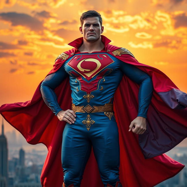 A strong man in a vibrant, flowing superhero coat, showcasing a bold color scheme of red and blue with intricate gold accents