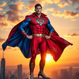 A strong man in a vibrant, flowing superhero coat, showcasing a bold color scheme of red and blue with intricate gold accents