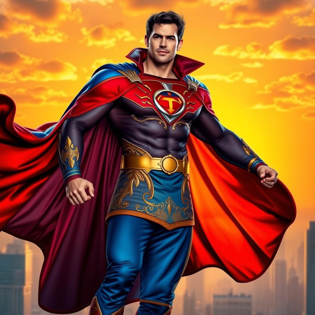 A strong man in a vibrant, flowing superhero coat, showcasing a bold color scheme of red and blue with intricate gold accents