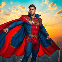 A strong man in a vibrant, flowing superhero coat, showcasing a bold color scheme of red and blue with intricate gold accents