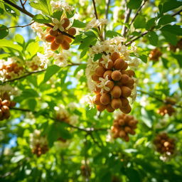 A stunning, detailed close-up of a vibrant explosive hazelnut tree in full bloom, surrounded by lush green foliage