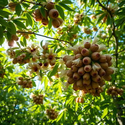 A stunning, detailed close-up of a vibrant explosive hazelnut tree in full bloom, surrounded by lush green foliage