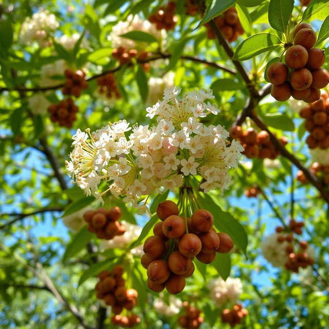 A stunning, detailed close-up of a vibrant explosive hazelnut tree in full bloom, surrounded by lush green foliage