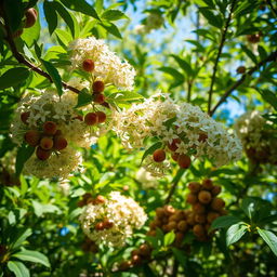 A stunning, detailed close-up of a vibrant explosive hazelnut tree in full bloom, surrounded by lush green foliage