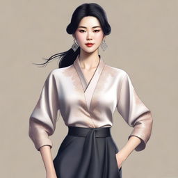 A high-quality digital art image showcasing a confident Asian woman