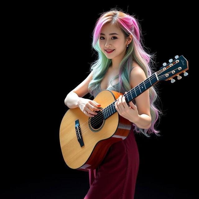 A beautiful South Korean woman poses gracefully, facing the camera with a gentle smile while playing an acoustic guitar