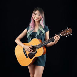A beautiful South Korean woman poses gracefully, facing the camera with a gentle smile while playing an acoustic guitar