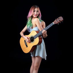 A beautiful South Korean woman poses gracefully, facing the camera with a gentle smile while playing an acoustic guitar