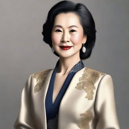 A high-quality, realistic digital portrait of an elegant Asian woman in her mature years