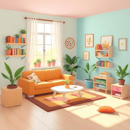 A 2D illustration of a cozy living room designed without a bed, all depicted in the charming and colorful style of the game Incredibox