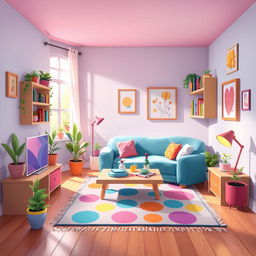 A 2D illustration of a cozy living room designed without a bed, all depicted in the charming and colorful style of the game Incredibox