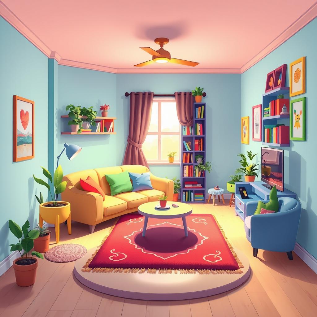 A 2D illustration of a cozy living room designed without a bed, all depicted in the charming and colorful style of the game Incredibox