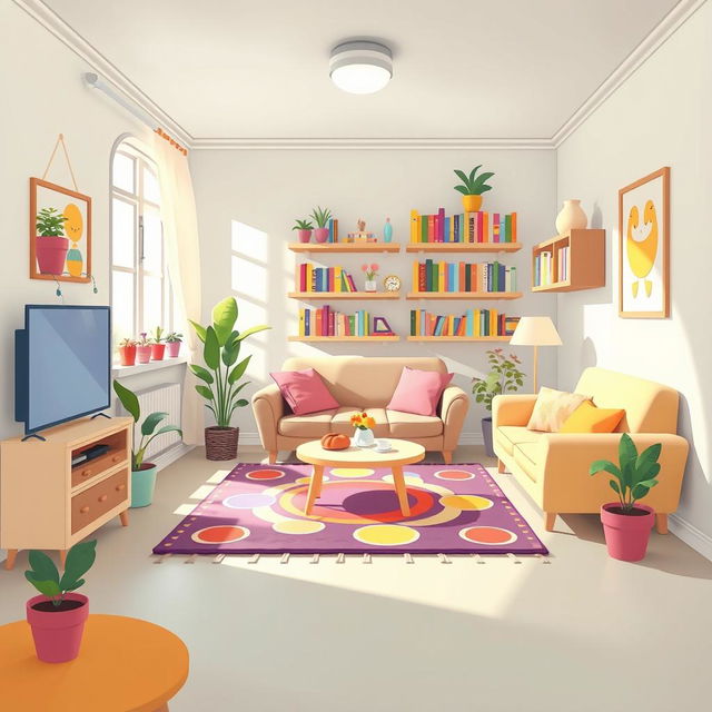 A 2D illustration of a cozy living room designed without a bed, all depicted in the charming and colorful style of the game Incredibox