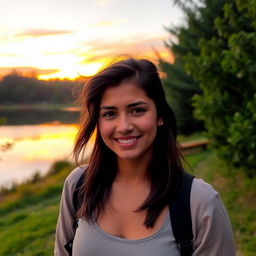 A portrait of a confident individual standing outdoors against a beautiful backdrop of a sunset over a serene lake, with warm colors reflecting on the water
