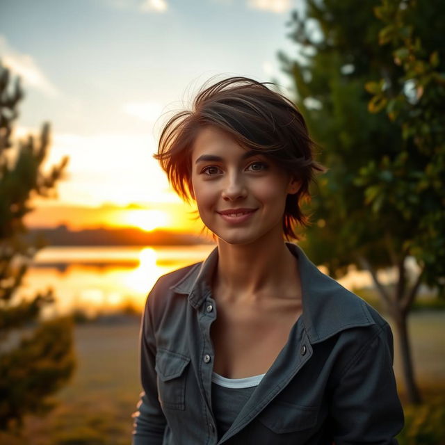 A portrait of a confident individual standing outdoors against a beautiful backdrop of a sunset over a serene lake, with warm colors reflecting on the water