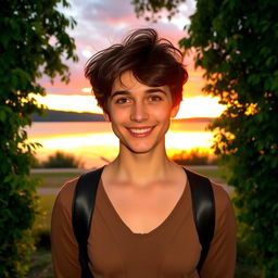 A portrait of a confident individual standing outdoors against a beautiful backdrop of a sunset over a serene lake, with warm colors reflecting on the water