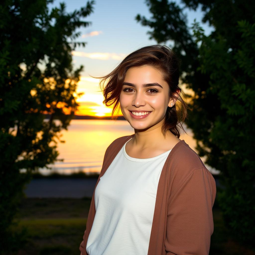 A portrait of a confident individual standing outdoors against a beautiful backdrop of a sunset over a serene lake, with warm colors reflecting on the water