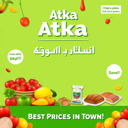 A colorful and vibrant supermarket banner designed for a store similar to Atka in Iran