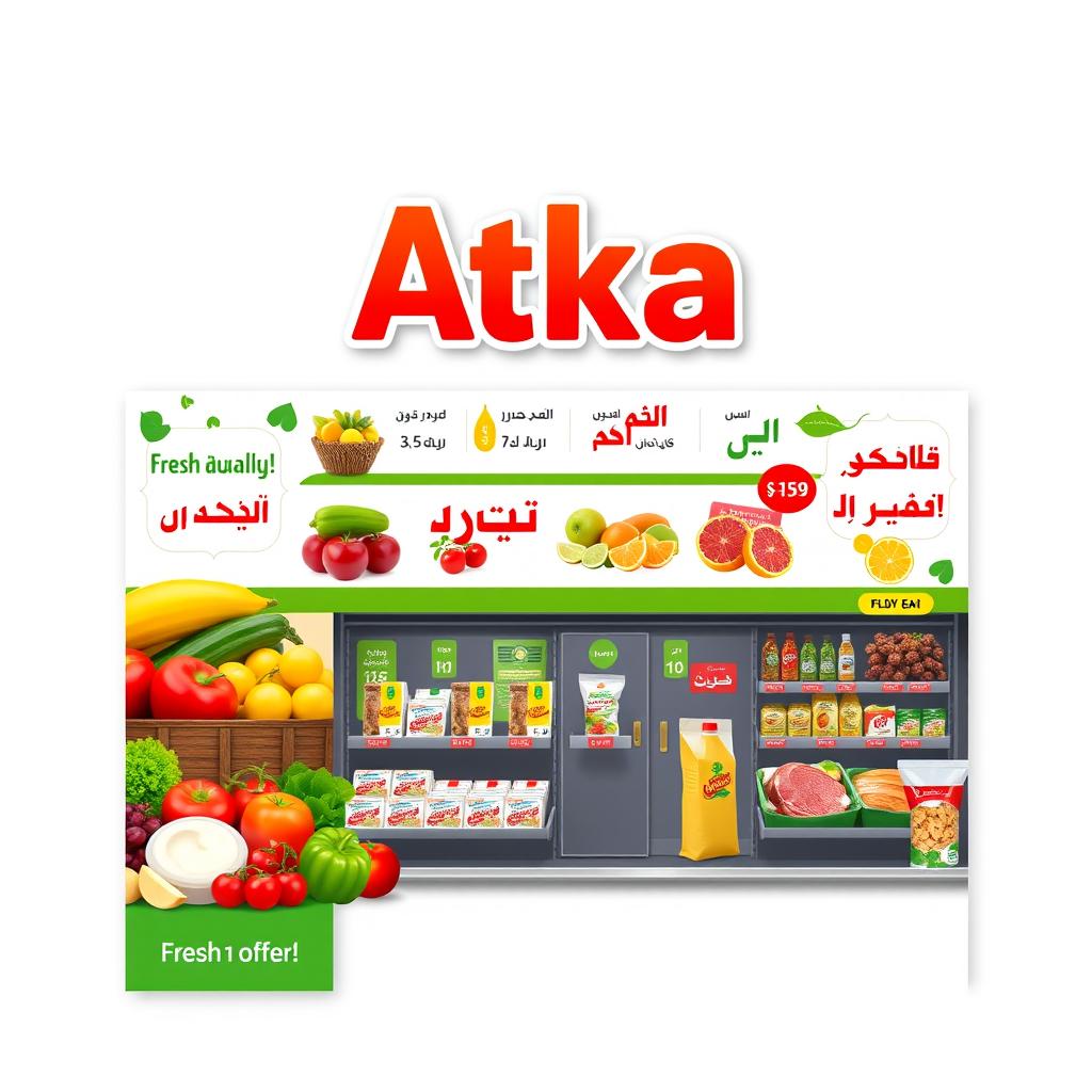 A colorful and vibrant supermarket banner designed for a store similar to Atka in Iran