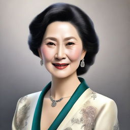 A high-quality, realistic digital portrait of an elegant Asian woman in her mature years