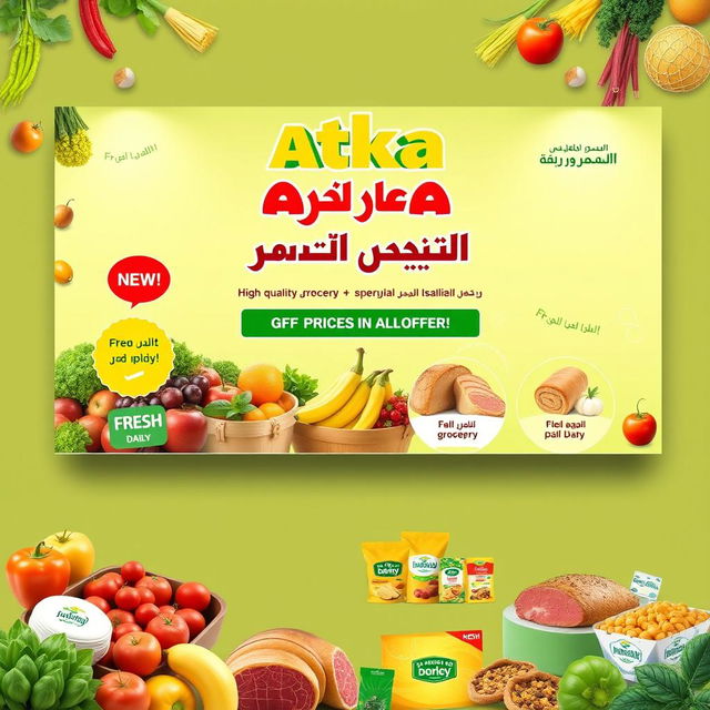 A colorful and vibrant supermarket banner designed for a store similar to Atka in Iran