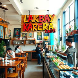 A vibrant and inviting cafe interior, with colorful decor showcasing Filipino culture