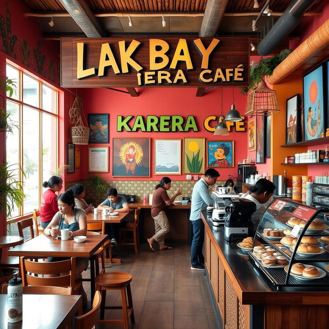A vibrant and inviting cafe interior, with colorful decor showcasing Filipino culture