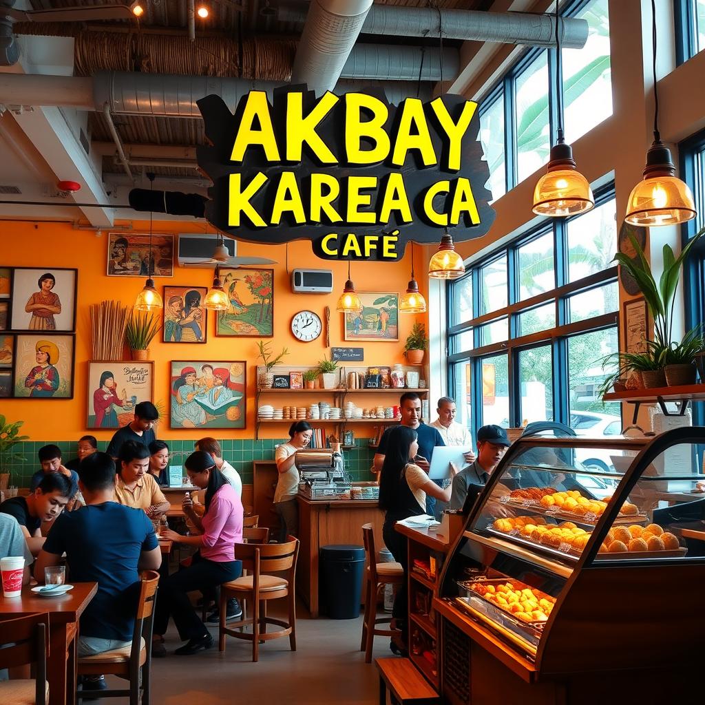 A vibrant and inviting cafe interior, with colorful decor showcasing Filipino culture