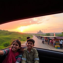 A picturesque road trip journey from Indore to Hyderabad, featuring beautiful landscapes, vibrant street scenes, and local culture along the way