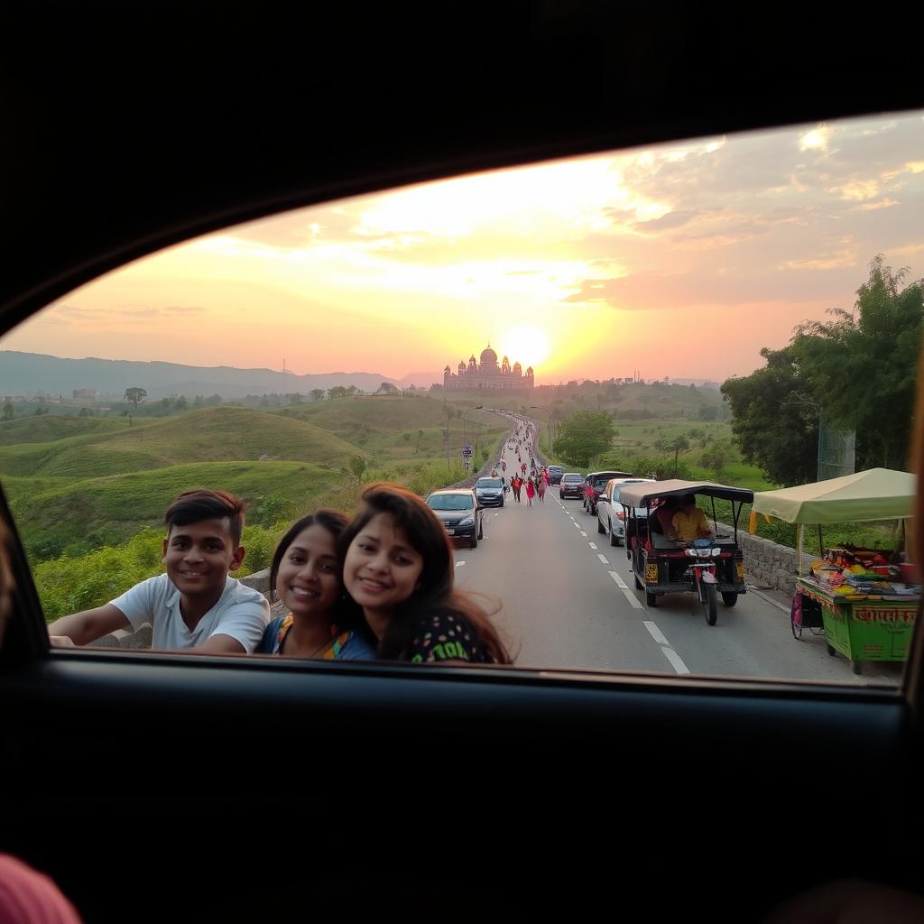 A picturesque road trip journey from Indore to Hyderabad, featuring beautiful landscapes, vibrant street scenes, and local culture along the way