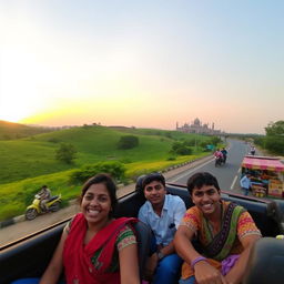 A picturesque road trip journey from Indore to Hyderabad, featuring beautiful landscapes, vibrant street scenes, and local culture along the way