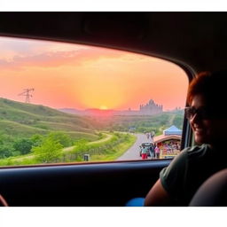 A picturesque road trip journey from Indore to Hyderabad, featuring beautiful landscapes, vibrant street scenes, and local culture along the way