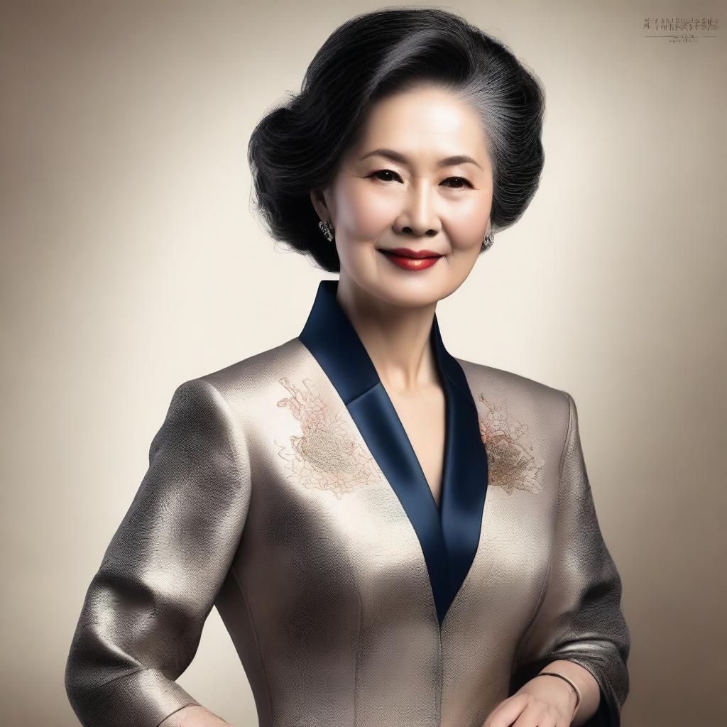 A high-quality, realistic digital portrait of an elegant Asian woman in her mature years