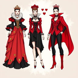 Illustrate a series of outfits inspired by the Red Queen from 'Alice in Wonderland', blending elements of regal and whimsical aesthetics