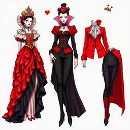 Illustrate a series of outfits inspired by the Red Queen from 'Alice in Wonderland', blending elements of regal and whimsical aesthetics