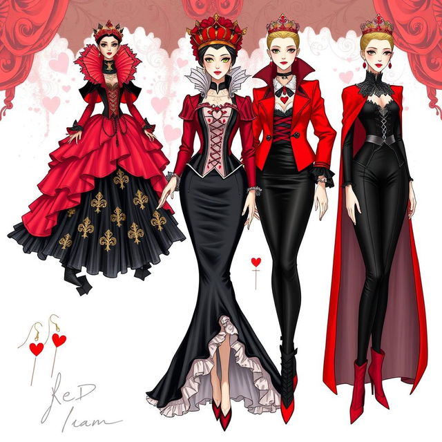 Illustrate a series of outfits inspired by the Red Queen from 'Alice in Wonderland', blending elements of regal and whimsical aesthetics