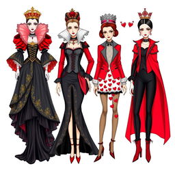 Illustrate a series of outfits inspired by the Red Queen from 'Alice in Wonderland', blending elements of regal and whimsical aesthetics