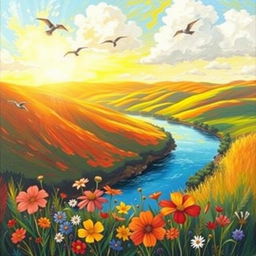 A vibrant and expressive painting that captures the beauty of a serene landscape, featuring rolling hills bathed in warm golden sunlight, a gently flowing river reflecting the sky's colors, and a cluster of colorful wildflowers in the foreground