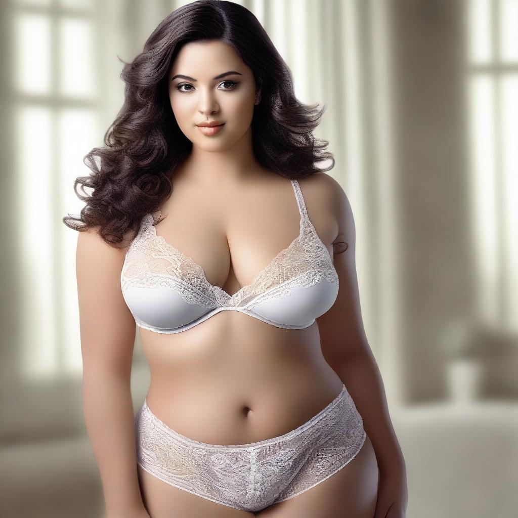 An image of a voluptuous woman dressed in elegant white lingerie