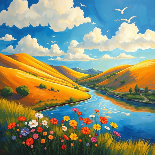 A vibrant and expressive painting that captures the beauty of a serene landscape, featuring rolling hills bathed in warm golden sunlight, a gently flowing river reflecting the sky's colors, and a cluster of colorful wildflowers in the foreground